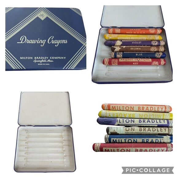 Vintage Milton Bradley Company Drawing Crayons and Blue Metal Tin - Picture 1 of 9